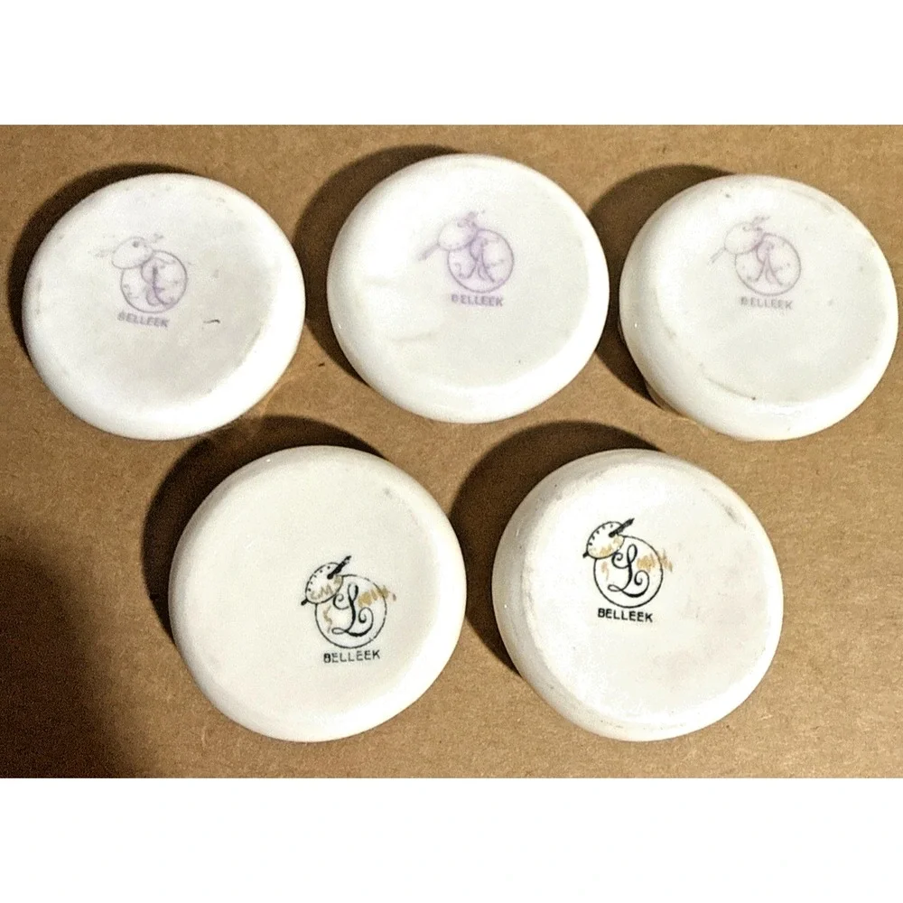 Vintage Belleek Open Salt Dish 5pc Set White Porcelain Gold Rim Ireland